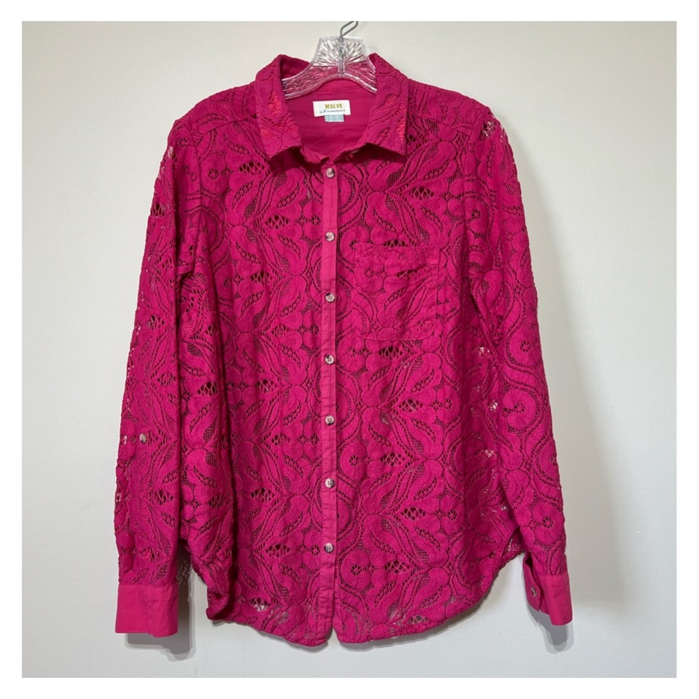 Maeve By Anthropologie Open Lace Shirttail Button Front Top